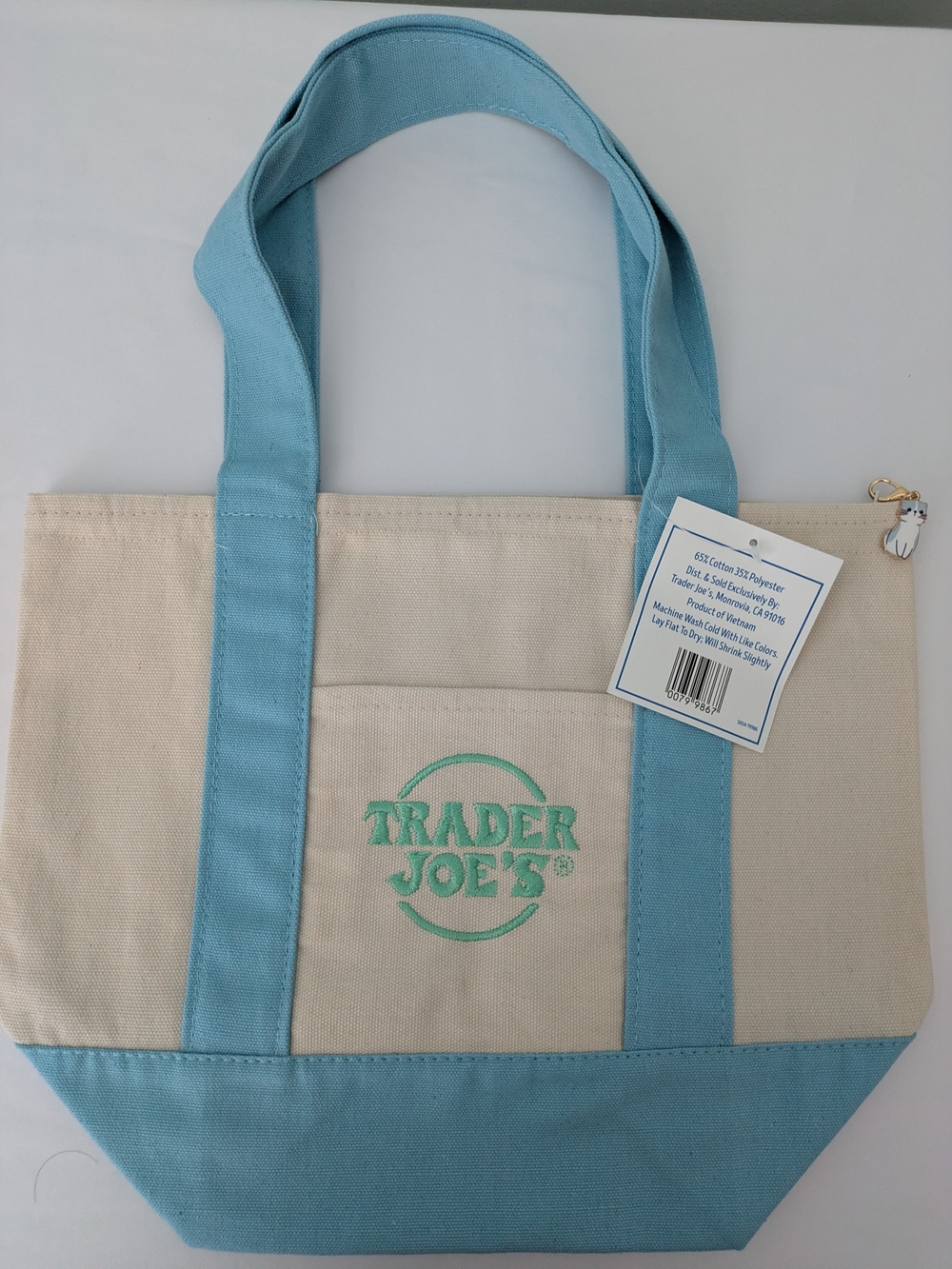 Trader Joe's Mini Canvas Tote Pastel Blue Added Zipper